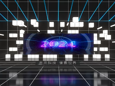 2024 Future Tech Scene with Neon Digital Display and Geometric Cubes 3d model