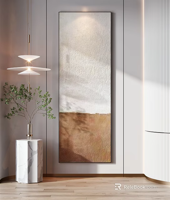Modern Interior Featuring Large Abstract Painting Beige Brown Tones Marble Vase Green Plants Pendant Light 3d model 