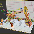 Yellow Functional Engineering Vehicle with Mechanical Arm Claw Tracks Warning Tape and Grid Background 3d model
