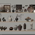 Neutral Tones Natural Decorative Ornament Set With Vases Sculptures Frames And Dried Flowers On Shelves