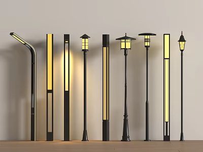 Various Stylish Outdoor Lights Featuring Modern And Traditional Designs With Illuminated Lamp Posts 3d model