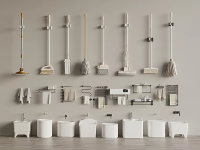 Assortment of Bathroom Accessories Including Mops Brushes Towel Racks Toilet Brushes and Trash Cans 3d model