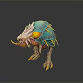 Game Movie Character Fantasy Monster With Blue Orange Yellow Spiked Horns Sharp Teeth Clawed Feet