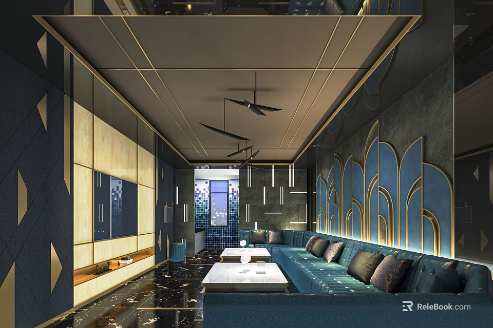 Luxurious Modern KTV Interior Design With Blue Sofa Coffee Tables TV And Lighting Decorations 3d model 