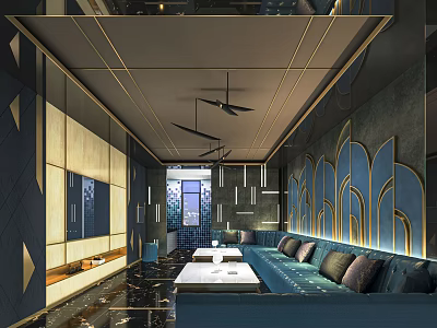 Luxurious Modern KTV Interior Design With Blue Sofa Coffee Tables TV And Lighting Decorations 3d model