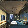 Luxurious Modern KTV Interior Design With Blue Sofa Coffee Tables TV And Lighting Decorations