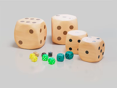Large Wooden Dice And Small Colorful Dice For Board Game Entertainment 3d model