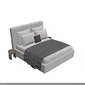 Modern Double Bed With Upholstered Headboard Multiple Pillows Brown Cushion And Striped Blanket