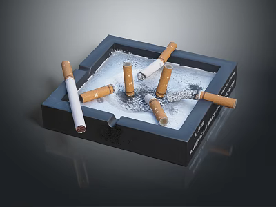 Modern Square Ashtray With Cigarettes Ash And Stubs On Dark Surface 3d model