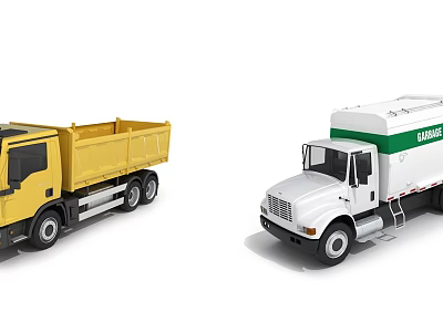 Yellow Dump Truck And White CUBEX Garbage Truck With Green Stripe As Functional Vehicles 3d model