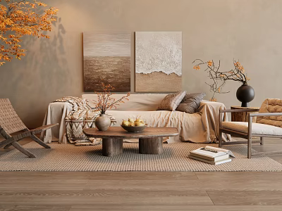 Cozy Modern Sofa And Coffee Table Set With Wall Paintings Blanket Pillows And Wooden Floor 3d model