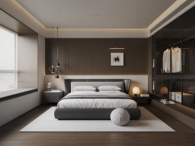 Modern Bedroom Interior With Large Bed Wall Art Nightstands And Floor to Ceiling Window 3d model