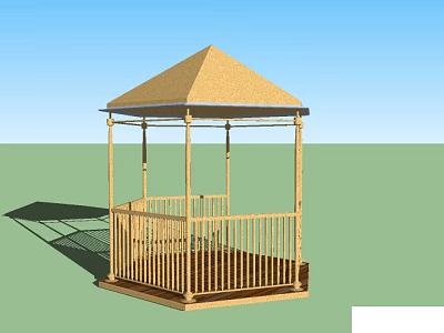Outdoor Wooden Gazebo With Pyramidal Roof And Railing On Green Lawn 3d model