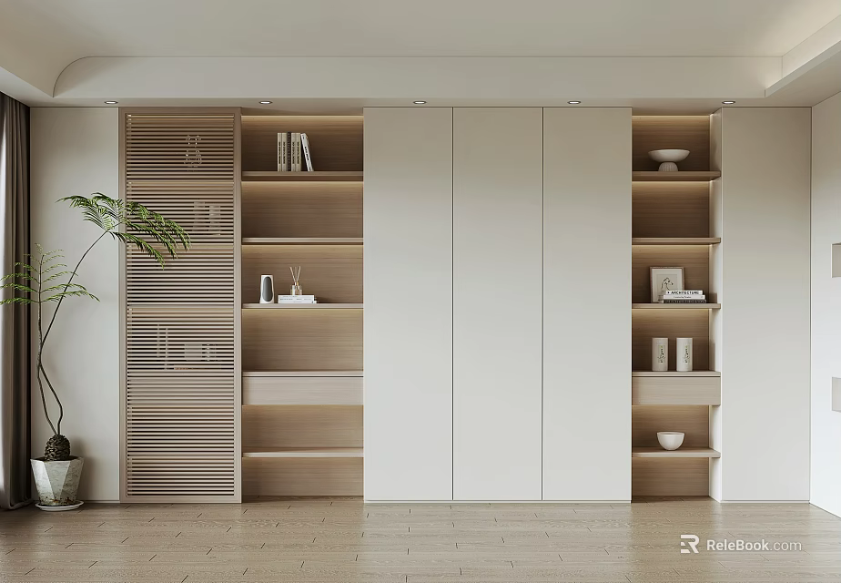 Modern Minimalist Bookcase Interior With Louvered Doors White Cabinets And Multiple Shelves 3d model 