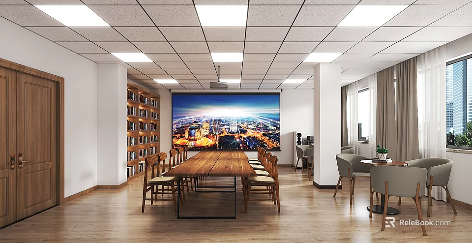 Spacious Conference Room With Long Wooden Table Wooden Chairs Large Screen And City View 3d model 