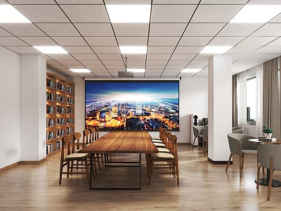 Spacious Conference Room With Long Wooden Table Wooden Chairs Large Screen And City View 3d model