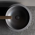 Modern Bathroom Washbasin With Wooden Cabinet Black Vessel Sink Round Mirror And Gold Faucet