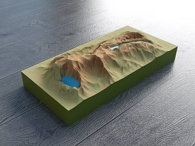 Commercial Equipment 3D Terrain Model With Green Base Brown Mountains And Blue Lakes 3d model