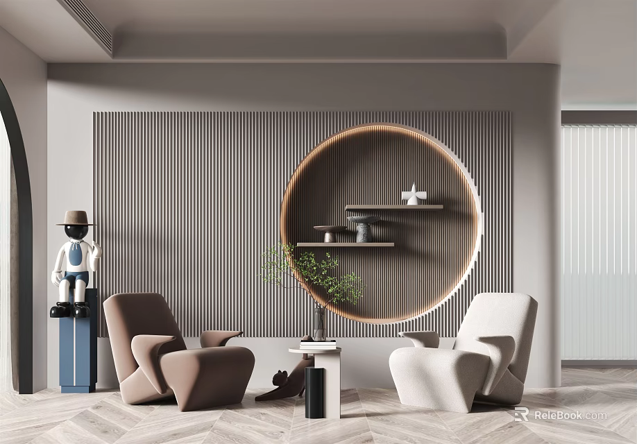 Casual Sofa Set with Brown and White Armchairs Circular Wooden Shelf and Plant in Minimalist Interior 3d model 