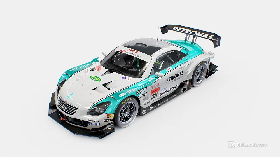 Nissan White And Teal Racing Car With Rear Wing And Sponsor Logos 3d model 