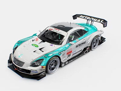 Nissan White And Teal Racing Car With Rear Wing And Sponsor Logos 3d model
