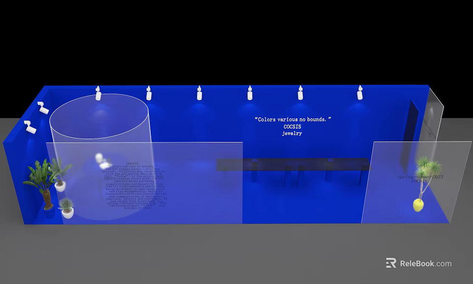 Event Display Wall With Blue Background Lighting Displayed Text And Plants 3d model 