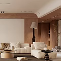 Warm Modern Living Room Interior With White Sofa Round Coffee Table Large Artwork And Floor Lamp