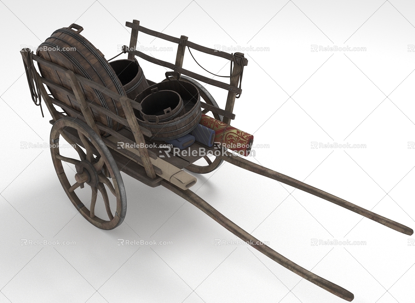 Carriage, freight cart, trolley, wooden basin, wooden barrel, cloth 3d model