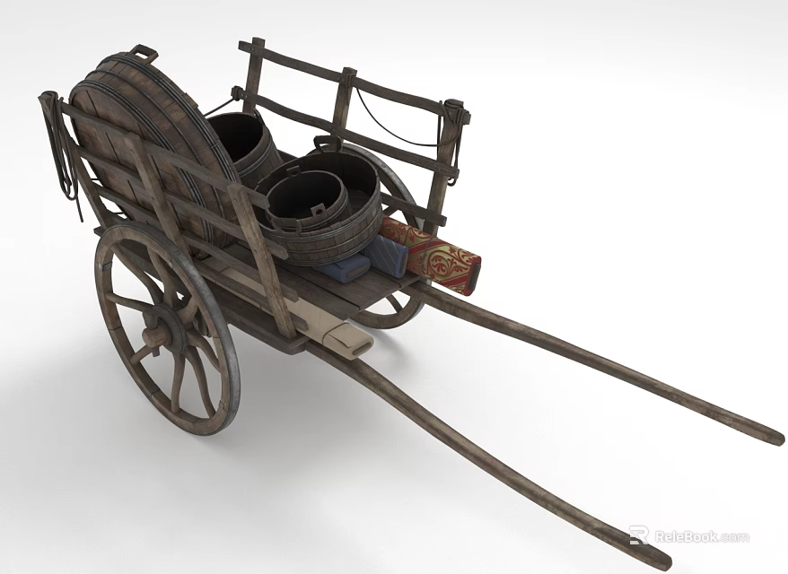 Traditional Wooden Horse Drawn Cart With Two Barrels And Spoked Wheels 3d model 