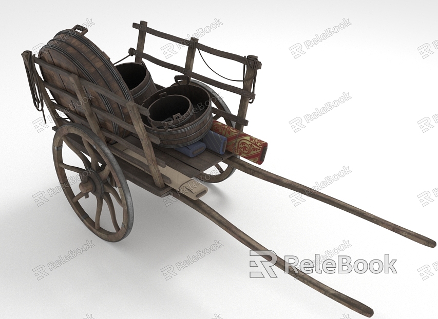 Carriage, freight cart, trolley, wooden basin, wooden barrel, cloth model