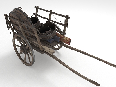 Carriage, freight cart, trolley, wooden basin, wooden barrel, cloth model