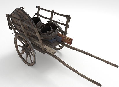 Carriage, freight cart, trolley, wooden basin, wooden barrel, cloth 3d model