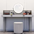 Modern Dressing Table With Round Mirror Padded Stool And Cosmetics On Tabletop 3d model