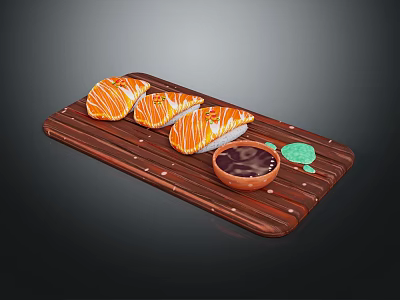 Salmon Sushi Pieces On Wooden Tray With Soy Sauce Bowl And Green Garnish 3d model
