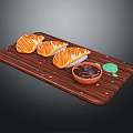 Salmon Sushi Pieces On Wooden Tray With Soy Sauce Bowl And Green Garnish
