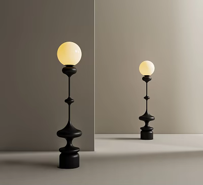 Modern Floor Lamp With Black Curved Stand Round Globe Shade Warm Yellow Light 3d model