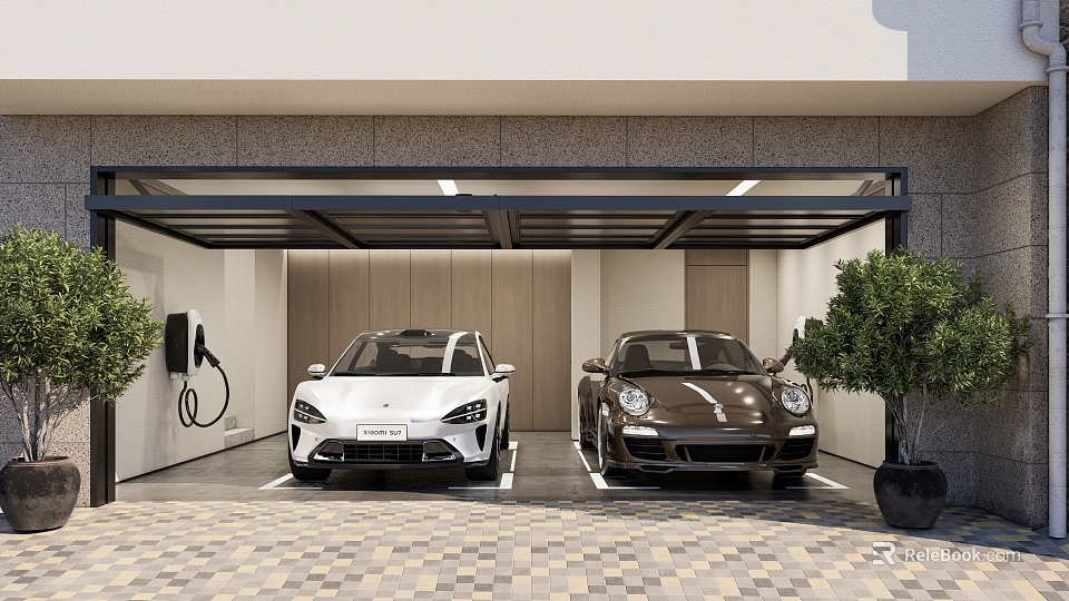 White and Brown Porsche Cars Parked in Modern Garage with Charging Station and Wooden Walls 3d model 