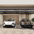 White and Brown Porsche Cars Parked in Modern Garage with Charging Station and Wooden Walls