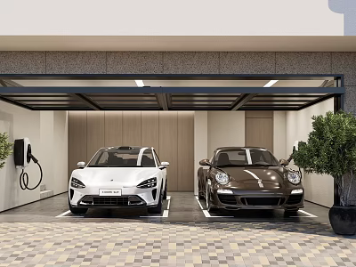 White and Brown Porsche Cars Parked in Modern Garage with Charging Station and Wooden Walls 3d model