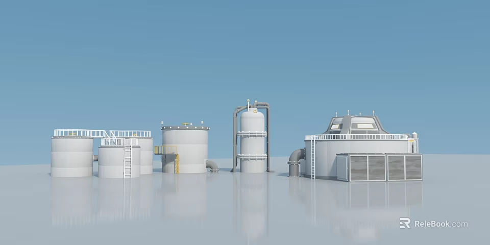 Swing Door In Industrial Facility With Storage Tanks Pipes Blue Sky And Water 3d model 