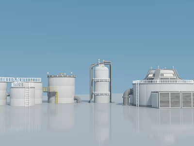 Swing Door In Industrial Facility With Storage Tanks Pipes Blue Sky And Water 3d model