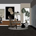 Modern Indoor Hammock Chair With Large Palm Plants Wooden Bookcase Round Rug And Wall Artworks