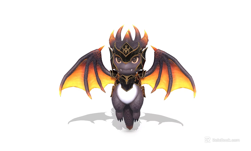 Cute Mythical Dragon Character With Fiery Orange Wings Black Body And Golden Horns 3d model 