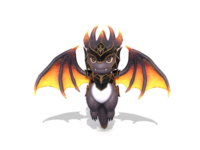 Cute Mythical Dragon Character With Fiery Orange Wings Black Body And Golden Horns 3d model