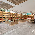 Modern Specialty Store Interior With Wooden Shelves Product Displays And Marble Floor
