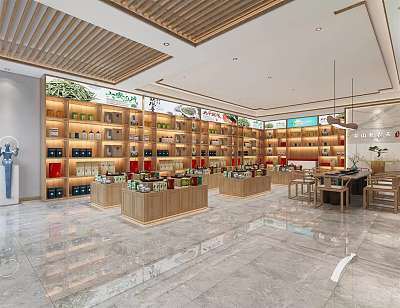 Modern Specialty Store Interior With Wooden Shelves Product Displays And Marble Floor 3d model