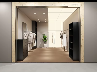 Modern Clothing Store Interior With Hanging Clothes Black Display Racks Wall Mirror And Beige Floor 3d model