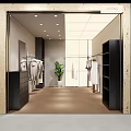 Modern Clothing Store Interior With Hanging Clothes Black Display Racks Wall Mirror And Beige Floor