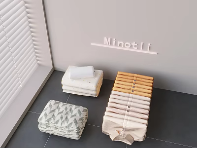 Stacked Bed Linens with White Beige Striped and Green Geometric Patterns Near Window Blinds 3d model