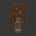 Vintage Wooden Architectural Structure With Carved Panel Columns And Decorative Shelf Items